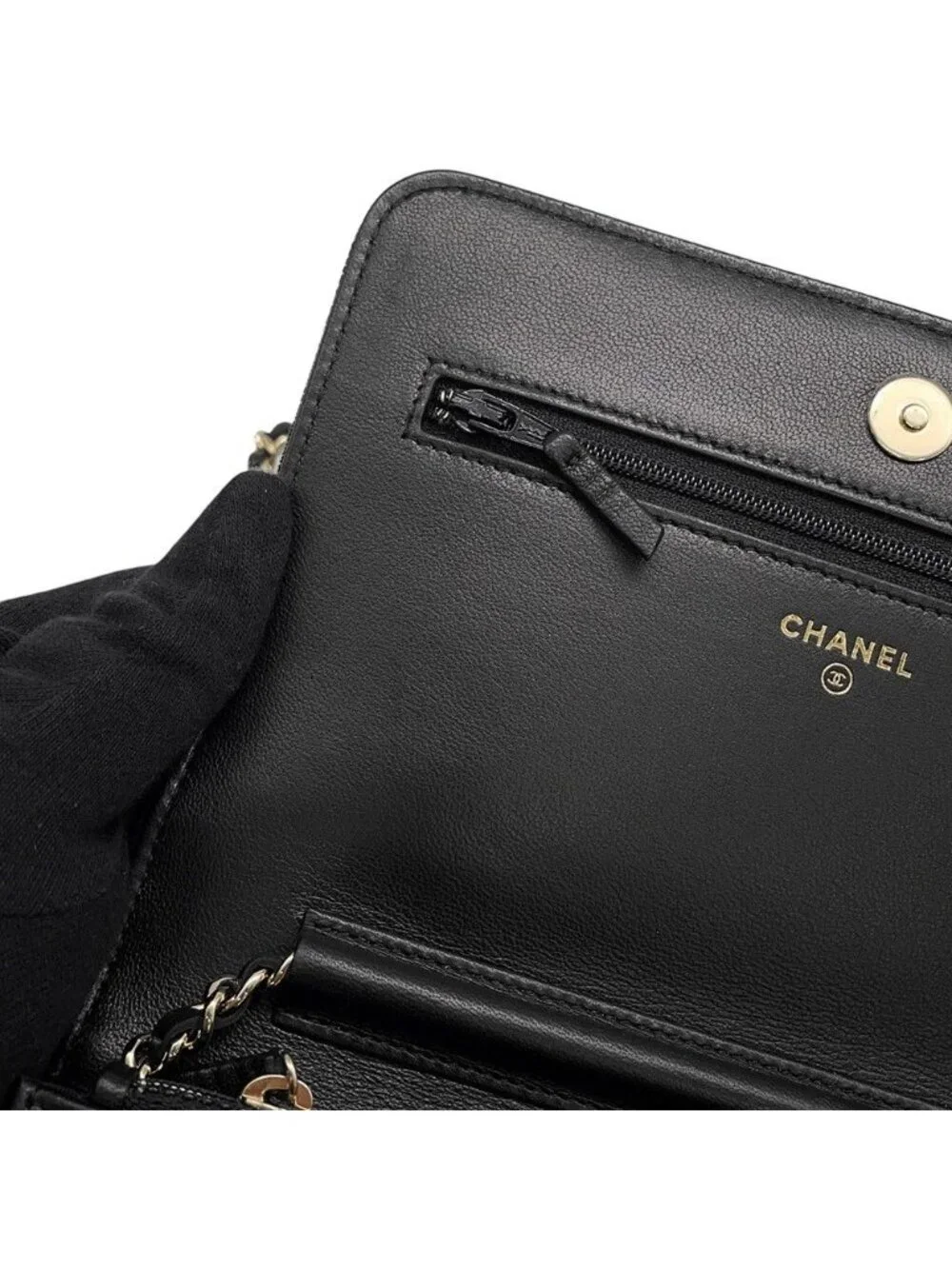 Chanel Chain Wallet CC Logo Faux Pearl Velour Black Shoulder Bag
